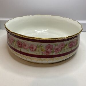Antique JPL Limoges France Hand Painted Serving Bowl Pink Flowers Gold 9”